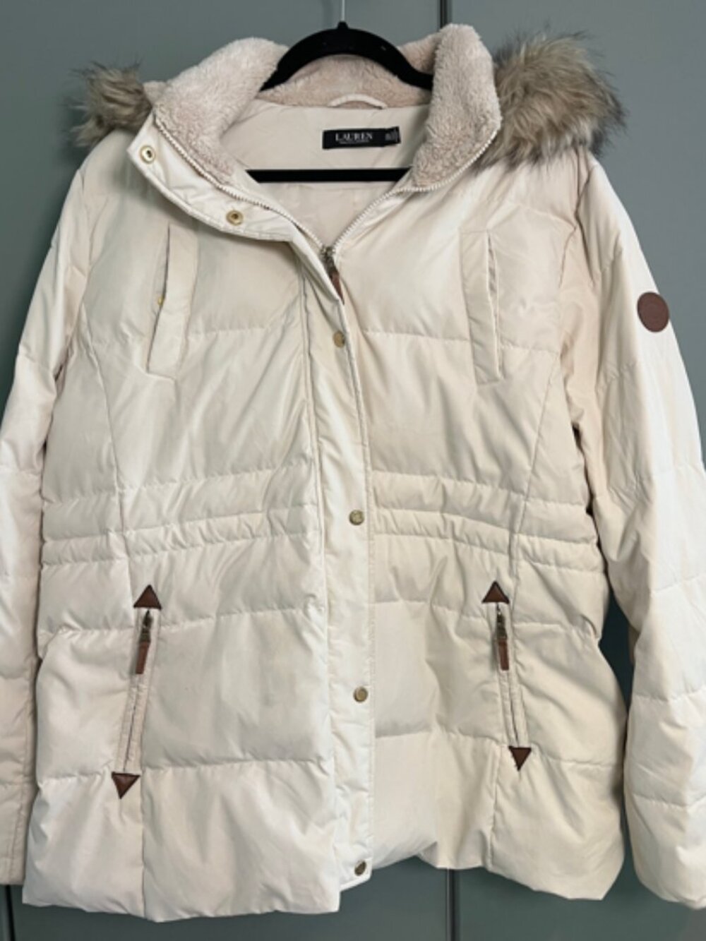 LAUREN RALPH LAUREN XXL DOWN QUILTED COAT CREAM/IVORY FAUX FUR HOOD